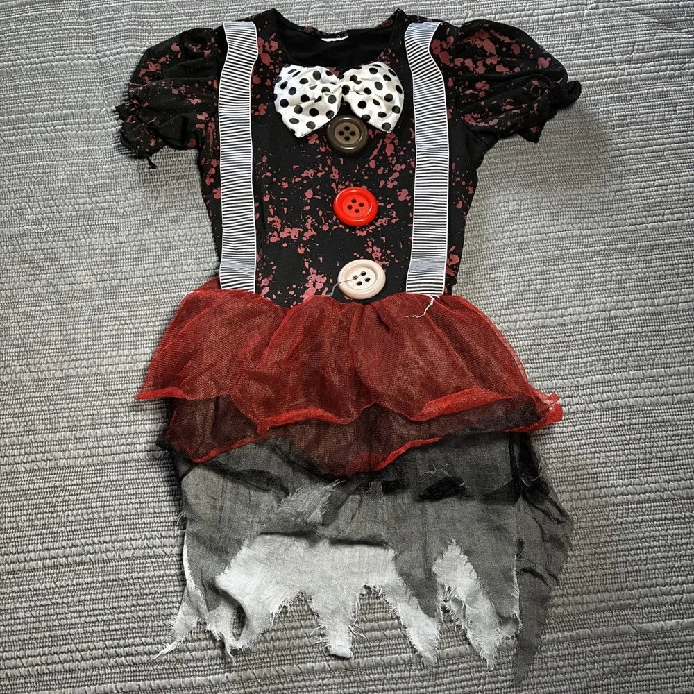 Creepy Clown Costume Girls Dress Halloween Horror Blood Splatter Tattered Tutu